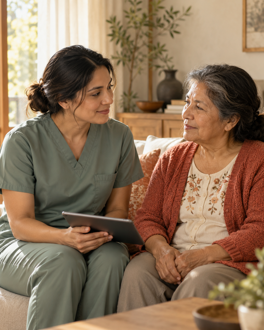 Illustrative image of a nurse sharing a calm moment with an older adult
